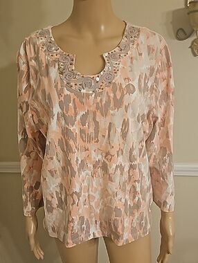 Ruby Rd. Petite Peach and Taupe Embellished Scoop Neck Blouse